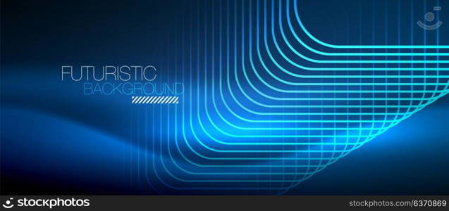 Neon glowing techno lines. Neon glowing techno lines, blue hi-tech futuristic abstract background template with square shapes