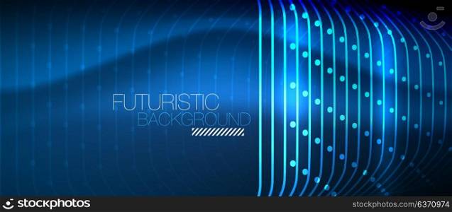 Neon glowing techno lines. Neon glowing techno lines, blue hi-tech futuristic abstract background template with square shapes