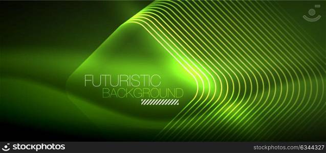 Neon glowing techno lines. Neon glowing techno lines, green hi-tech futuristic abstract background template with square shapes