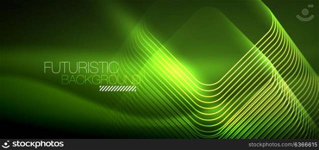 Neon glowing techno lines. Neon glowing techno lines, green hi-tech futuristic abstract background template with square shapes