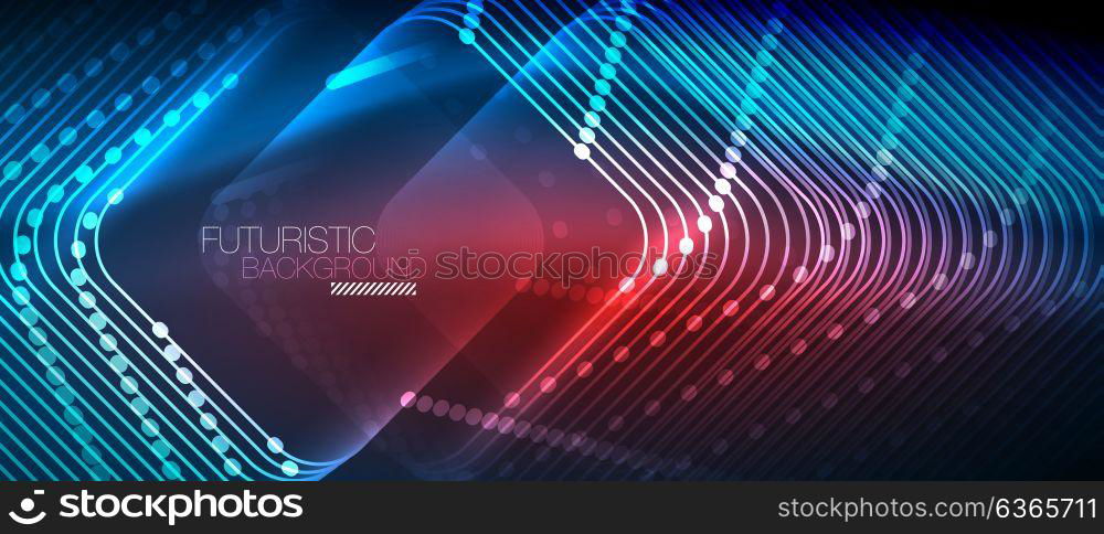 Neon glowing techno lines. Neon glowing techno lines, hi-tech futuristic abstract background template with square shapes