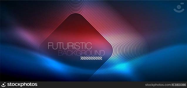 Neon glowing techno lines. Neon glowing techno lines, hi-tech futuristic abstract background template with square shapes