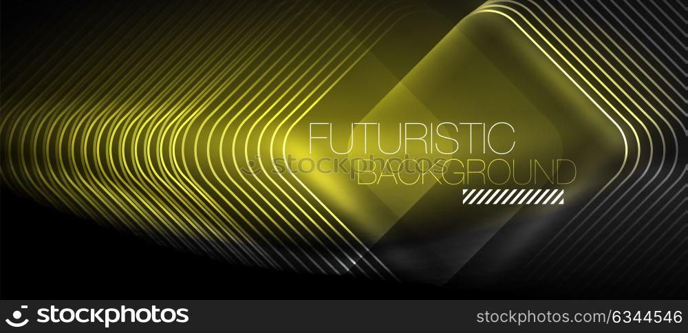 Neon glowing techno lines. Neon glowing techno lines, hi-tech green futuristic abstract background template with square shapes