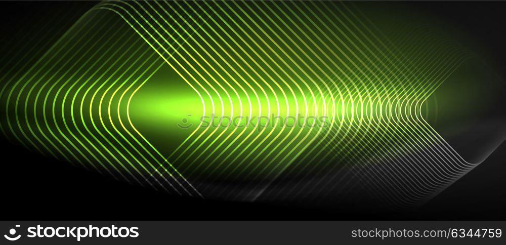 Neon glowing techno lines. Neon glowing techno lines, hi-tech green futuristic abstract background template with square shapes