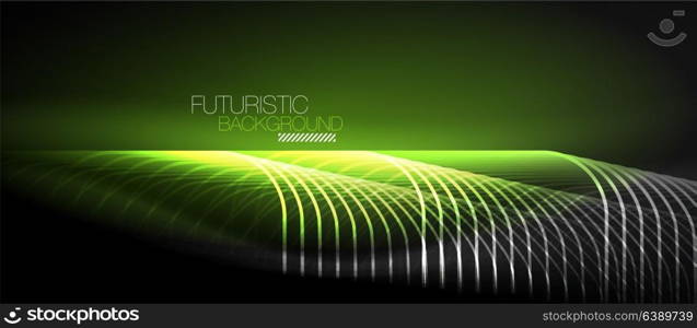 Neon glowing techno lines. Neon glowing techno lines, hi-tech green futuristic abstract background template with square shapes