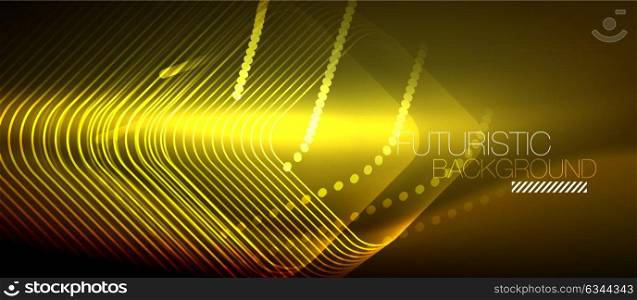 Neon glowing techno lines. Neon glowing techno lines, yellow hi-tech futuristic abstract background template with square shapes