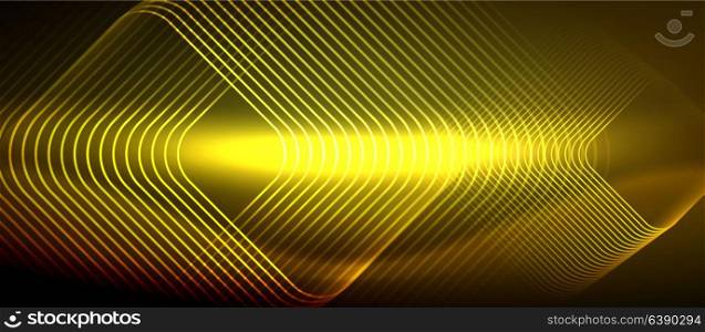 Neon glowing techno lines. Neon glowing techno lines, yellow hi-tech futuristic abstract background template with square shapes