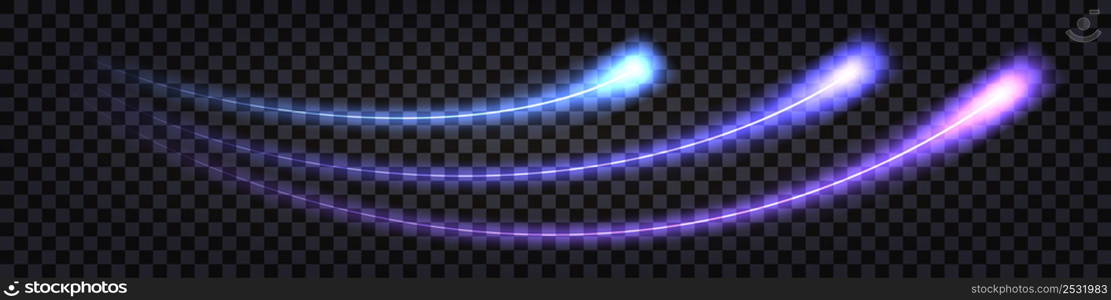 Neon glowing trails, laser beams with shiny light effect, blue and purple neon wave swirls. Electric thunder bolt, flashlight and ray lines on transparent background. Vector illustration