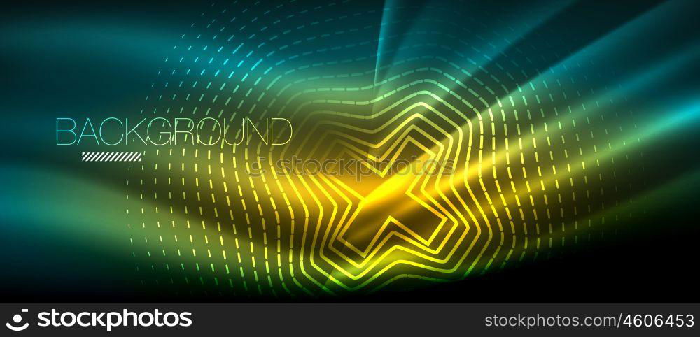 Neon glowing wave, magic energy and light motion background. Wallpaper template, hi-tech future concept. Neon glowing wave, magic energy and light motion background. Vector wallpaper template, hi-tech future concept