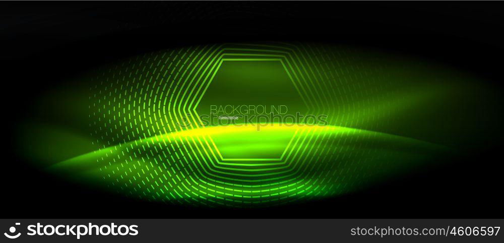 Neon glowing wave, magic energy and light motion background. Wallpaper template, hi-tech future concept. Neon glowing wave, magic energy and light motion background. Vector wallpaper template, hi-tech future concept