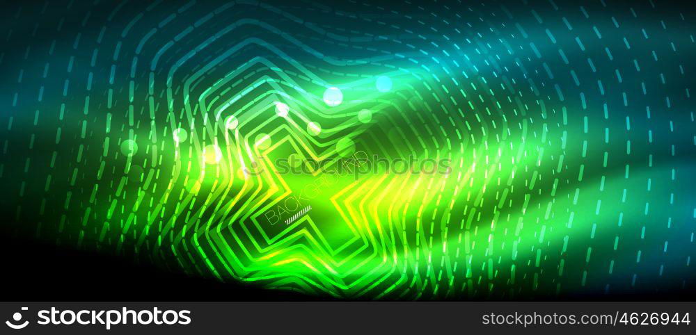 Neon glowing wave, magic energy and light motion background. Wallpaper template, hi-tech future concept. Neon glowing wave, magic energy and light motion background. Vector wallpaper template, hi-tech future concept