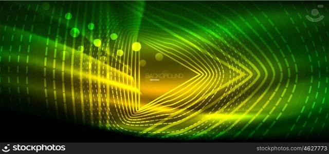 Neon glowing wave, magic energy and light motion background. Wallpaper template, hi-tech future concept. Neon glowing wave, magic energy and light motion background. Vector wallpaper template, hi-tech future concept