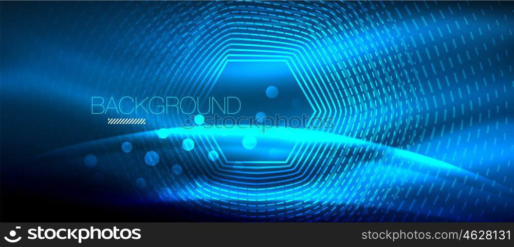 Neon glowing wave, magic energy and light motion background. Wallpaper template, hi-tech future concept. Neon glowing wave, magic energy and light motion background. Vector wallpaper template, hi-tech future concept