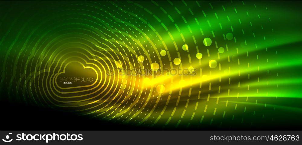 Neon glowing wave, magic energy and light motion background. Wallpaper template, hi-tech future concept. Neon glowing wave, magic energy and light motion background. Vector wallpaper template, hi-tech future concept