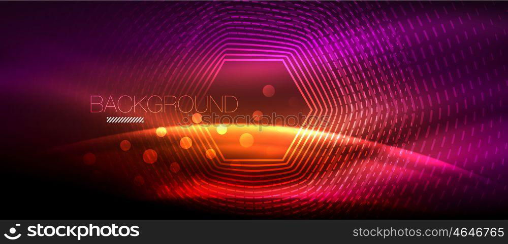 Neon glowing wave, magic energy and light motion background. Wallpaper template, hi-tech future concept. Neon glowing wave, magic energy and light motion background. Vector wallpaper template, hi-tech future concept