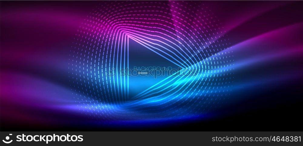 Neon glowing wave, magic energy and light motion background. Wallpaper template, hi-tech future concept. Neon glowing wave, magic energy and light motion background. Vector wallpaper template, hi-tech future concept