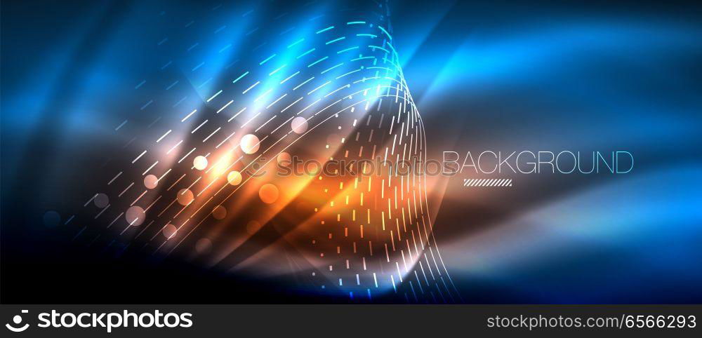 Neon glowing wave, magic energy and light motion background. Wallpaper template, hi-tech future concept. Neon glowing wave, magic energy and light motion background. Vector wallpaper template, hi-tech future concept