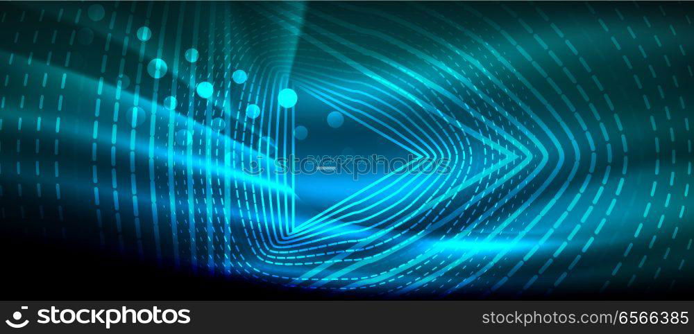 Neon glowing wave, magic energy and light motion background. Wallpaper template, hi-tech future concept. Neon glowing wave, magic energy and light motion background. Vector wallpaper template, hi-tech future concept