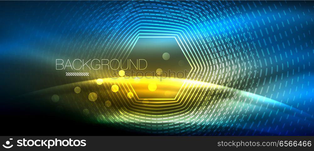 Neon glowing wave, magic energy and light motion background. Wallpaper template, hi-tech future concept. Neon glowing wave, magic energy and light motion background. Vector wallpaper template, hi-tech future concept