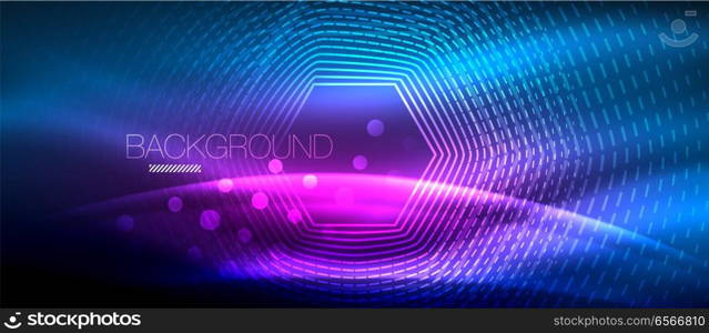 Neon glowing wave, magic energy and light motion background. Wallpaper template, hi-tech future concept. Neon glowing wave, magic energy and light motion background. Vector wallpaper template, hi-tech future concept