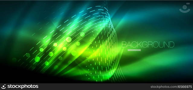 Neon glowing wave, magic energy and light motion background. Wallpaper template, hi-tech future concept. Neon glowing wave, magic energy and light motion background. Vector wallpaper template, hi-tech future concept