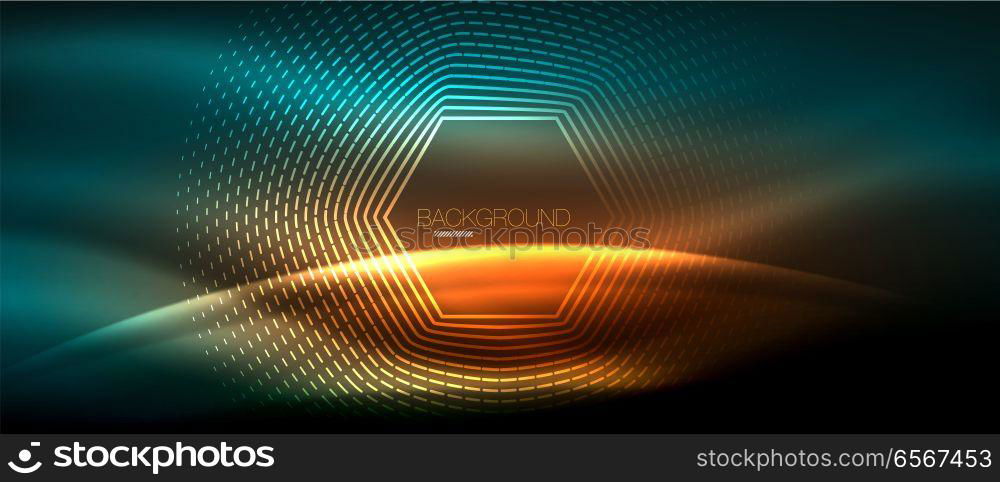 Neon glowing wave, magic energy and light motion background. Wallpaper template, hi-tech future concept. Neon glowing wave, magic energy and light motion background. Vector wallpaper template, hi-tech future concept