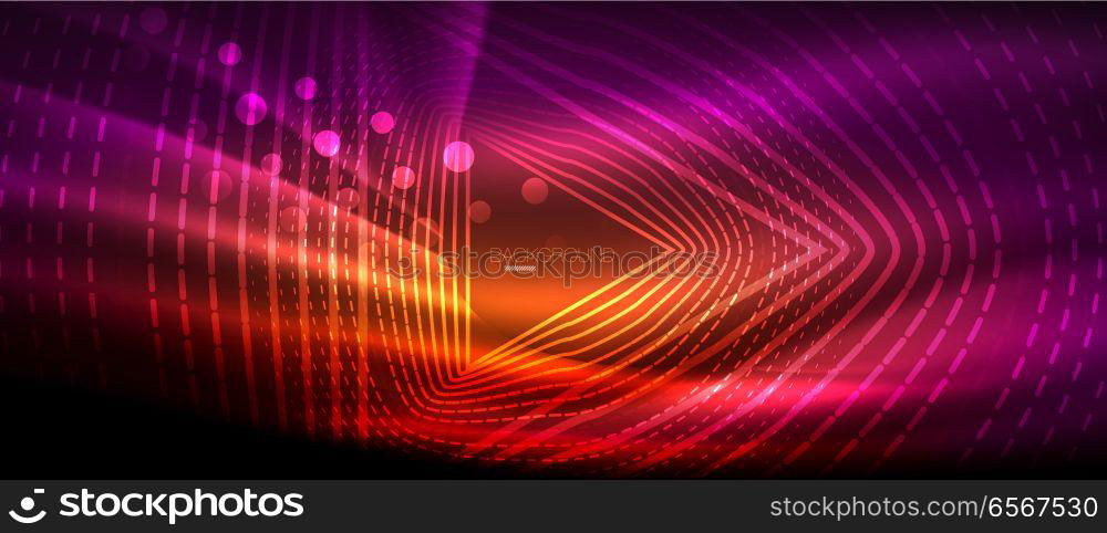 Neon glowing wave, magic energy and light motion background. Wallpaper template, hi-tech future concept. Neon glowing wave, magic energy and light motion background. Vector wallpaper template, hi-tech future concept