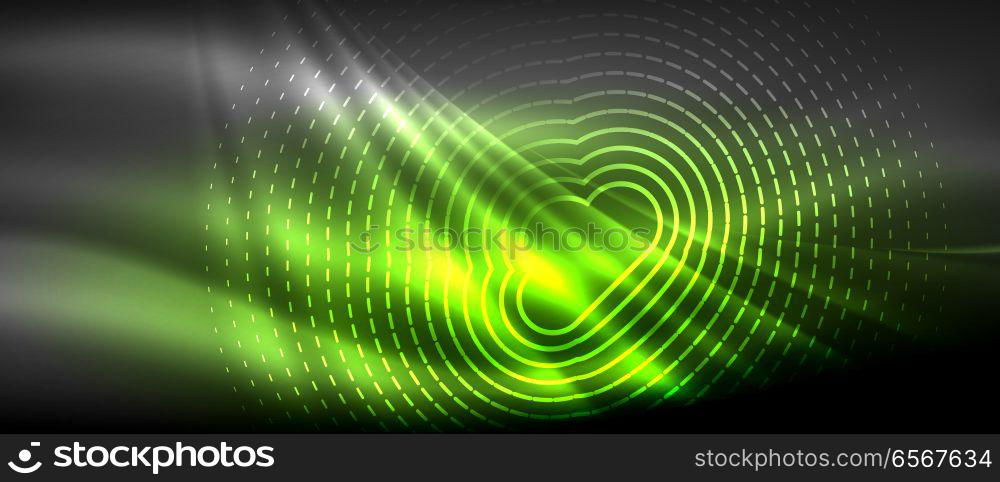 Neon glowing wave, magic energy and light motion background. Wallpaper template, hi-tech future concept. Neon glowing wave, magic energy and light motion background. Vector wallpaper template, hi-tech future concept