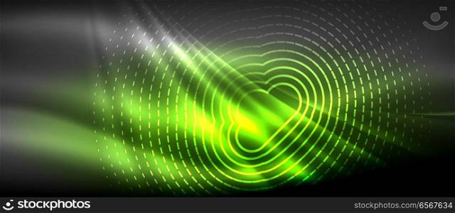 Neon glowing wave, magic energy and light motion background. Wallpaper template, hi-tech future concept. Neon glowing wave, magic energy and light motion background. Vector wallpaper template, hi-tech future concept