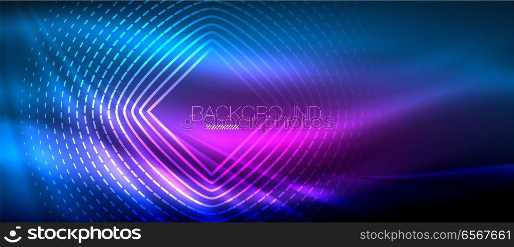 Neon glowing wave, magic energy and light motion background. Wallpaper template, hi-tech future concept. Neon glowing wave, magic energy and light motion background. Vector wallpaper template, hi-tech future concept