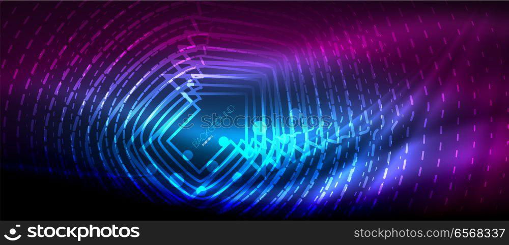 Neon glowing wave, magic energy and light motion background. Wallpaper template, hi-tech future concept. Neon glowing wave, magic energy and light motion background. Vector wallpaper template, hi-tech future concept