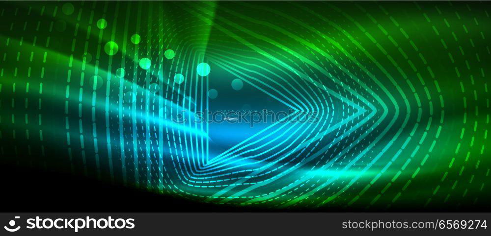 Neon glowing wave, magic energy and light motion background. Wallpaper template, hi-tech future concept. Neon glowing wave, magic energy and light motion background. Vector wallpaper template, hi-tech future concept