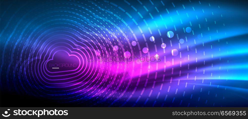 Neon glowing wave, magic energy and light motion background. Wallpaper template, hi-tech future concept. Neon glowing wave, magic energy and light motion background. Vector wallpaper template, hi-tech future concept