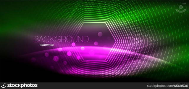 Neon glowing wave, magic energy and light motion background. Wallpaper template, hi-tech future concept. Neon glowing wave, magic energy and light motion background. Vector wallpaper template, hi-tech future concept