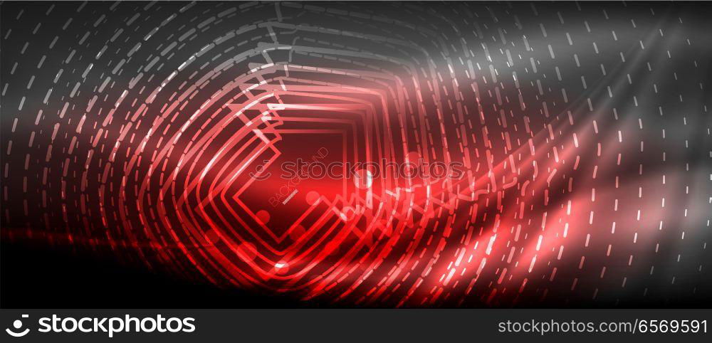 Neon glowing wave, magic energy and light motion background. Wallpaper template, hi-tech future concept. Neon glowing wave, magic energy and light motion background. Vector wallpaper template, hi-tech future concept