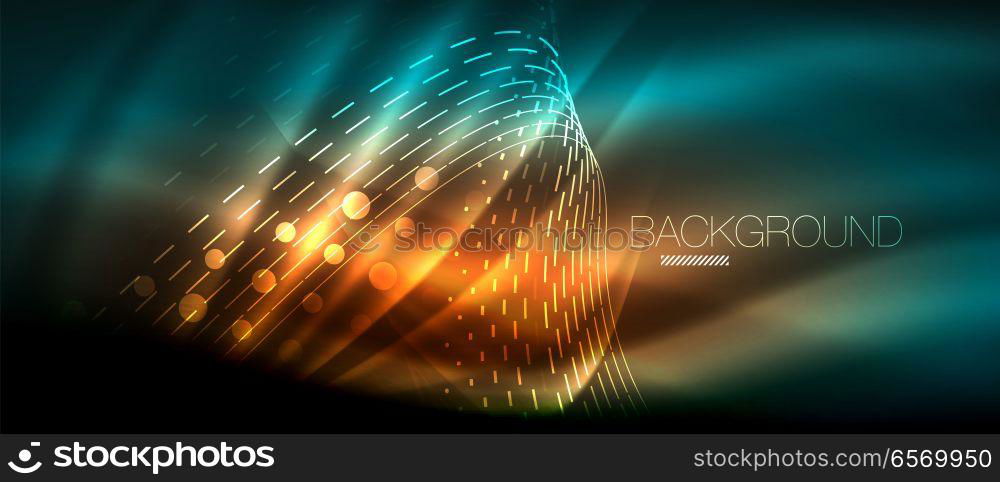 Neon glowing wave, magic energy and light motion background. Wallpaper template, hi-tech future concept. Neon glowing wave, magic energy and light motion background. Vector wallpaper template, hi-tech future concept