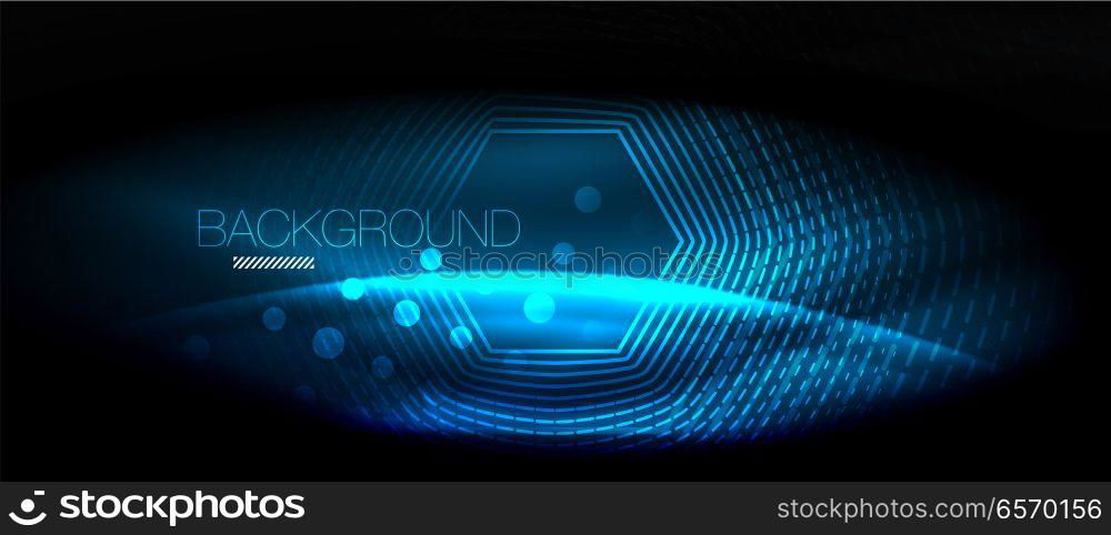 Neon glowing wave, magic energy and light motion background. Wallpaper template, hi-tech future concept. Neon glowing wave, magic energy and light motion background. Vector wallpaper template, hi-tech future concept