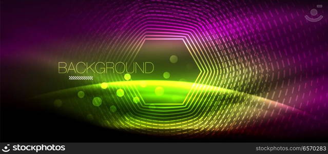 Neon glowing wave, magic energy and light motion background. Wallpaper template, hi-tech future concept. Neon glowing wave, magic energy and light motion background. Vector wallpaper template, hi-tech future concept