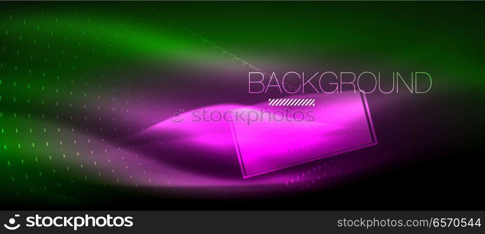 Neon glowing wave, magic energy and light motion background. Wallpaper template, hi-tech future concept. Neon glowing wave, magic energy and light motion background. Vector wallpaper template, hi-tech future concept