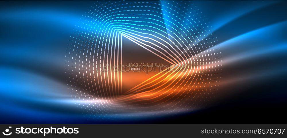 Neon glowing wave, magic energy and light motion background. Wallpaper template, hi-tech future concept. Neon glowing wave, magic energy and light motion background. Vector wallpaper template, hi-tech future concept