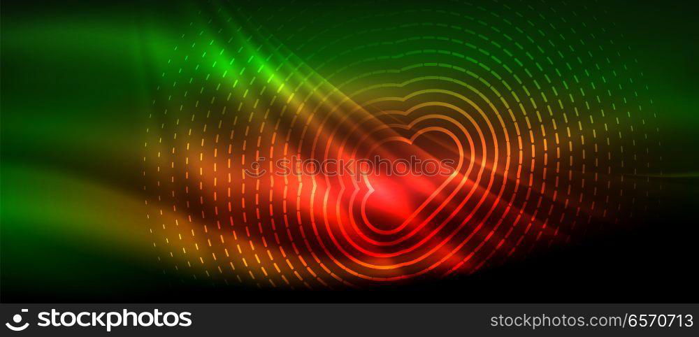 Neon glowing wave, magic energy and light motion background. Wallpaper template, hi-tech future concept. Neon glowing wave, magic energy and light motion background. Vector wallpaper template, hi-tech future concept