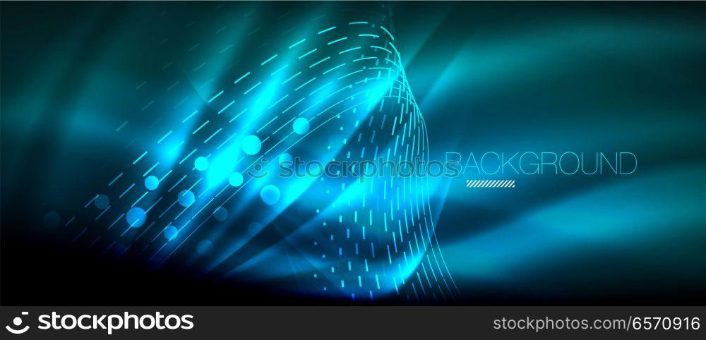 Neon glowing wave, magic energy and light motion background. Wallpaper template, hi-tech future concept. Neon glowing wave, magic energy and light motion background. Vector wallpaper template, hi-tech future concept