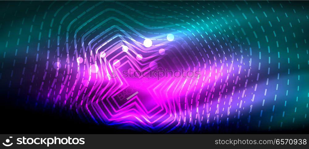 Neon glowing wave, magic energy and light motion background. Wallpaper template, hi-tech future concept. Neon glowing wave, magic energy and light motion background. Vector wallpaper template, hi-tech future concept