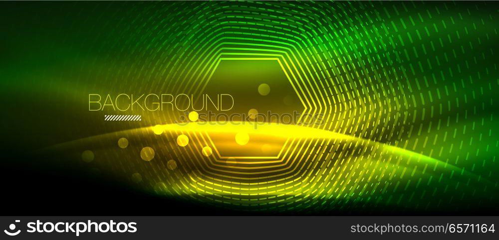 Neon glowing wave, magic energy and light motion background. Wallpaper template, hi-tech future concept. Neon glowing wave, magic energy and light motion background. Vector wallpaper template, hi-tech future concept