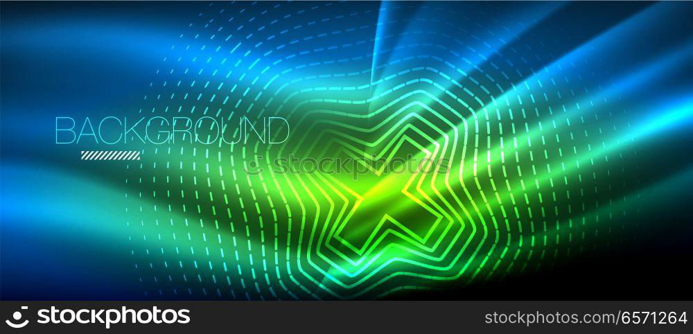 Neon glowing wave, magic energy and light motion background. Wallpaper template, hi-tech future concept. Neon glowing wave, magic energy and light motion background. Vector wallpaper template, hi-tech future concept