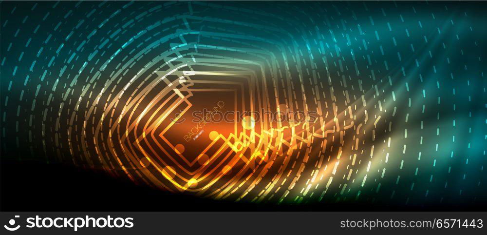 Neon glowing wave, magic energy and light motion background. Wallpaper template, hi-tech future concept. Neon glowing wave, magic energy and light motion background. Vector wallpaper template, hi-tech future concept