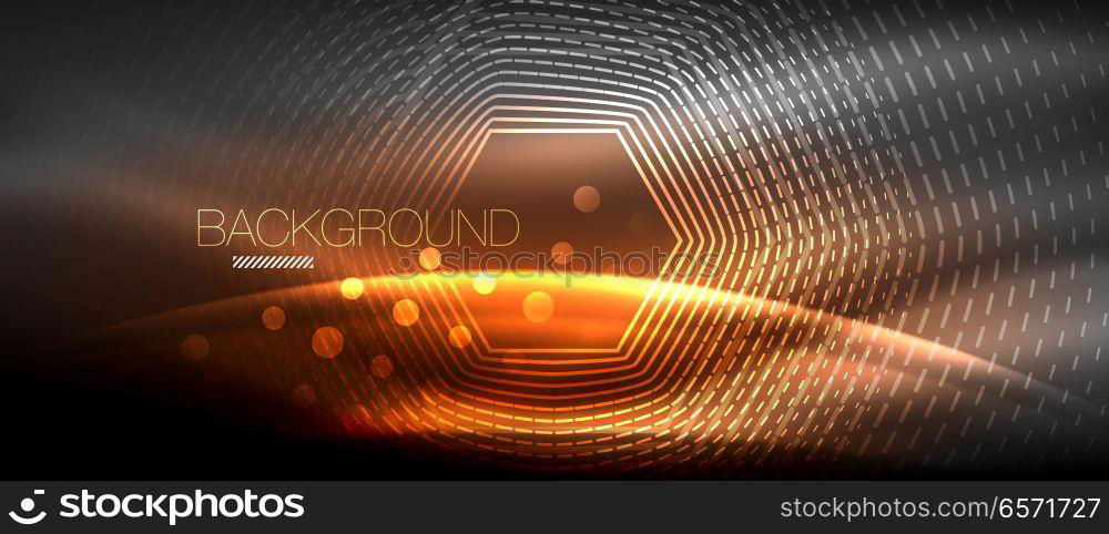 Neon glowing wave, magic energy and light motion background. Wallpaper template, hi-tech future concept. Neon glowing wave, magic energy and light motion background. Vector wallpaper template, hi-tech future concept