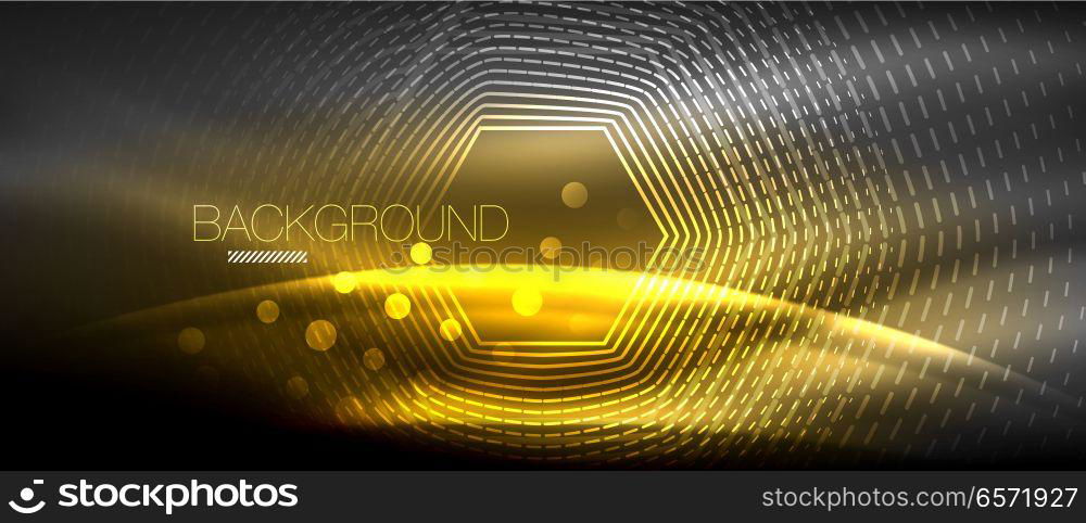 Neon glowing wave, magic energy and light motion background. Wallpaper template, hi-tech future concept. Neon glowing wave, magic energy and light motion background. Vector wallpaper template, hi-tech future concept