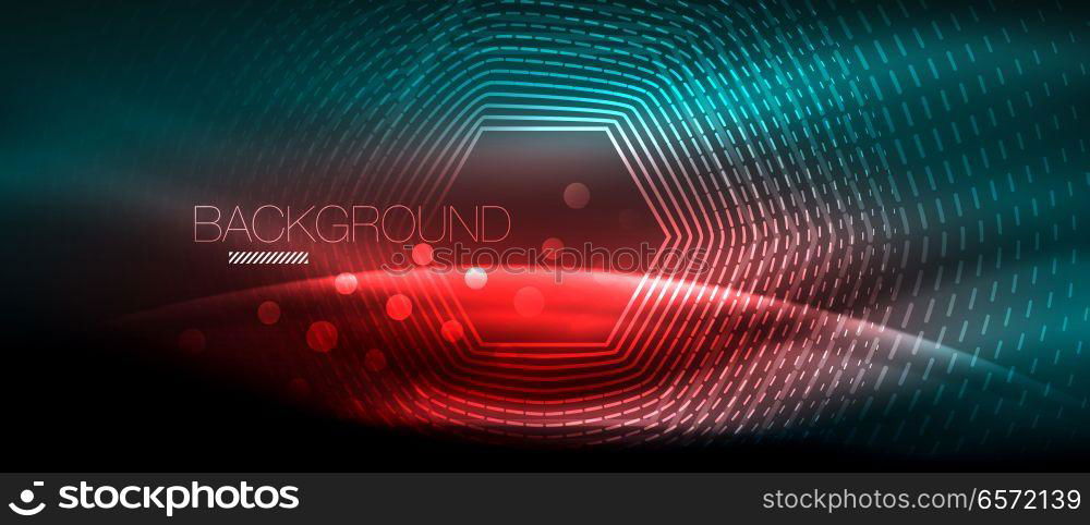 Neon glowing wave, magic energy and light motion background. Wallpaper template, hi-tech future concept. Neon glowing wave, magic energy and light motion background. Vector wallpaper template, hi-tech future concept