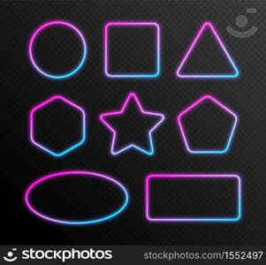 Neon gradient frames set, collection of blue-pink glowing borders isolated on a dark background. Colorful night banners, vector light effect.. Neon gradient frames set, collection of blue-pink glowing borders isolated on a dark background.